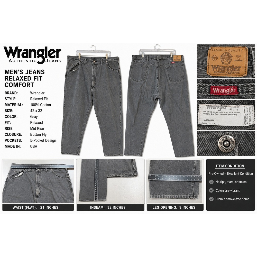 Wrangler Authentic Jeans Mens 42x32 Faded Black Denim Made in USA 97302CB‎ Vtg